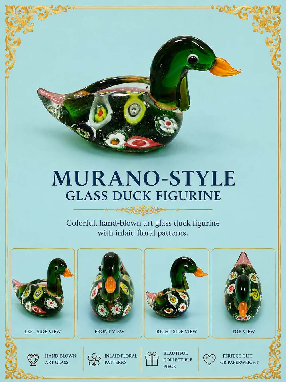 New Murano-Style Hand-Blown Art Glass Mini Duck Figurine with Inlaid  Patterns
